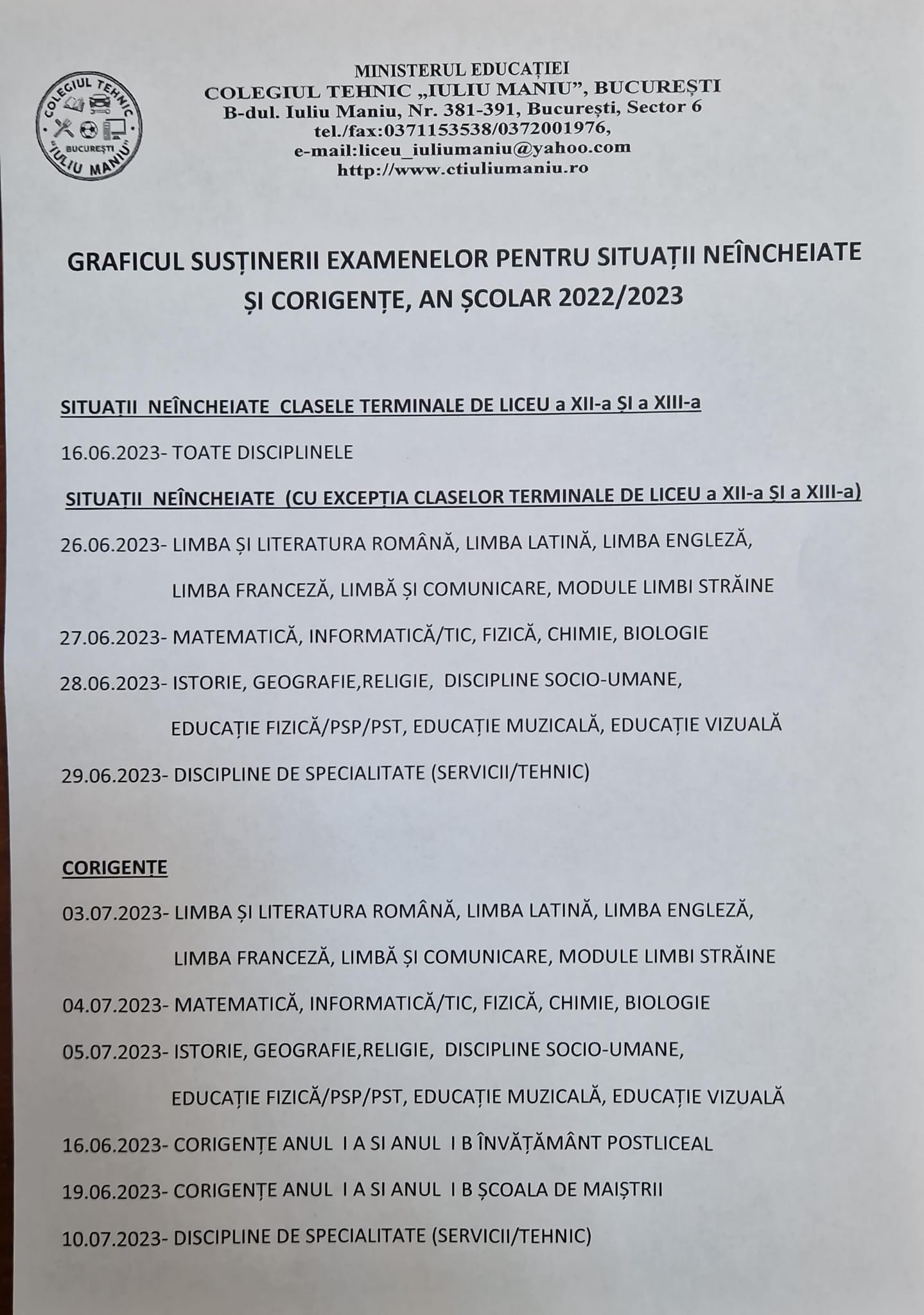 Graficul susținerii examenelor pentru situații neîncheiate și corigențe, an școlar 2022-2023